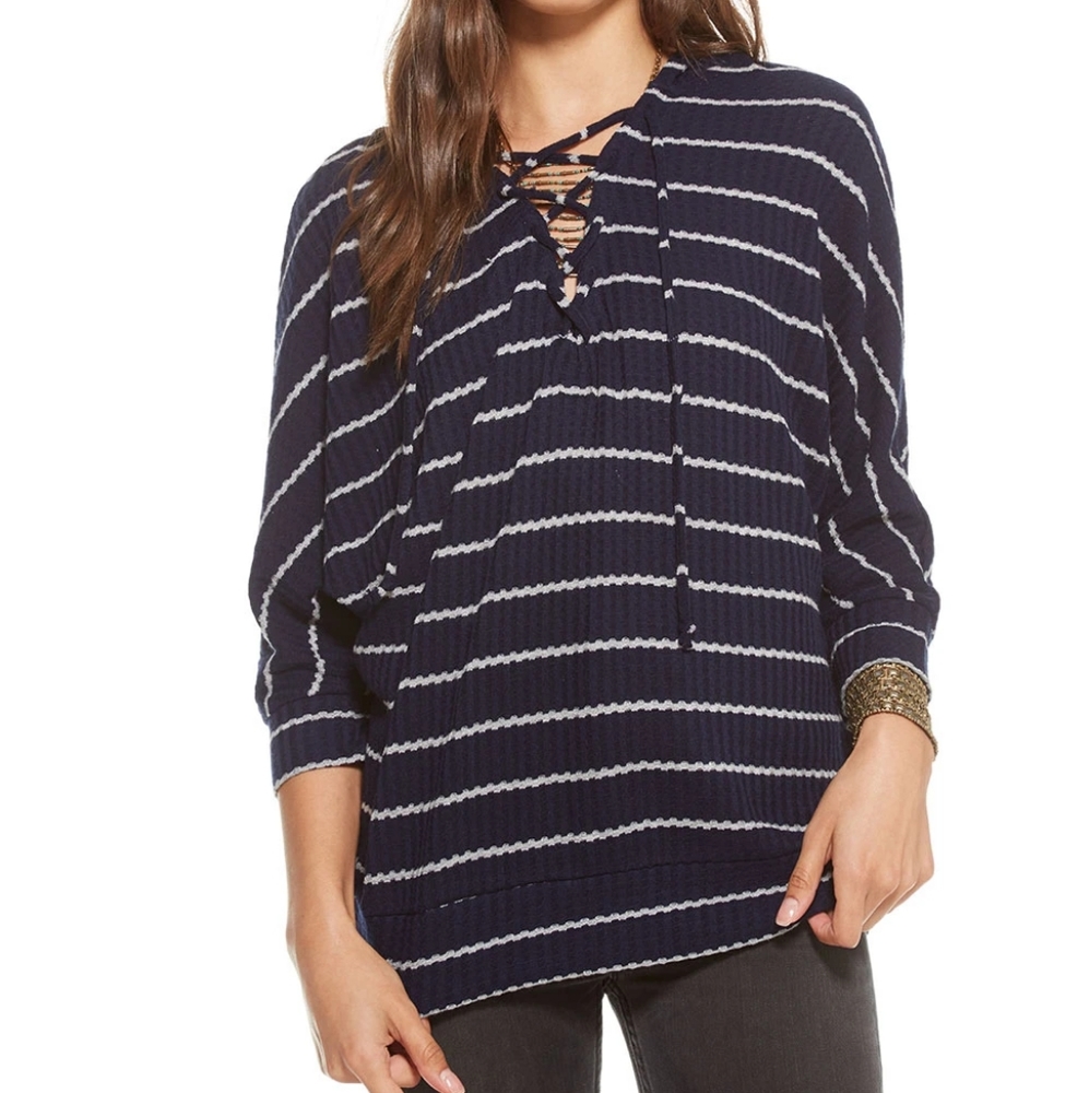 Chaser Navy Stripe 3/4 Sleeve LaceUp Dolman Hoodie